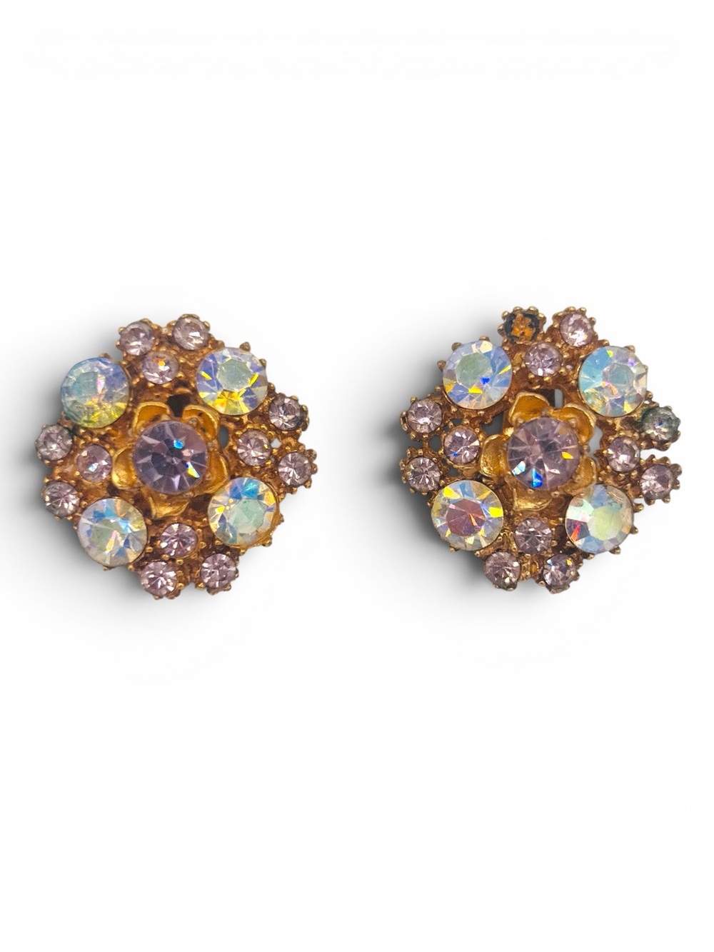 Vintage Gold-Tone Aurora Crystal Cluster Clip-on Earrings - Pink/Opal Hint